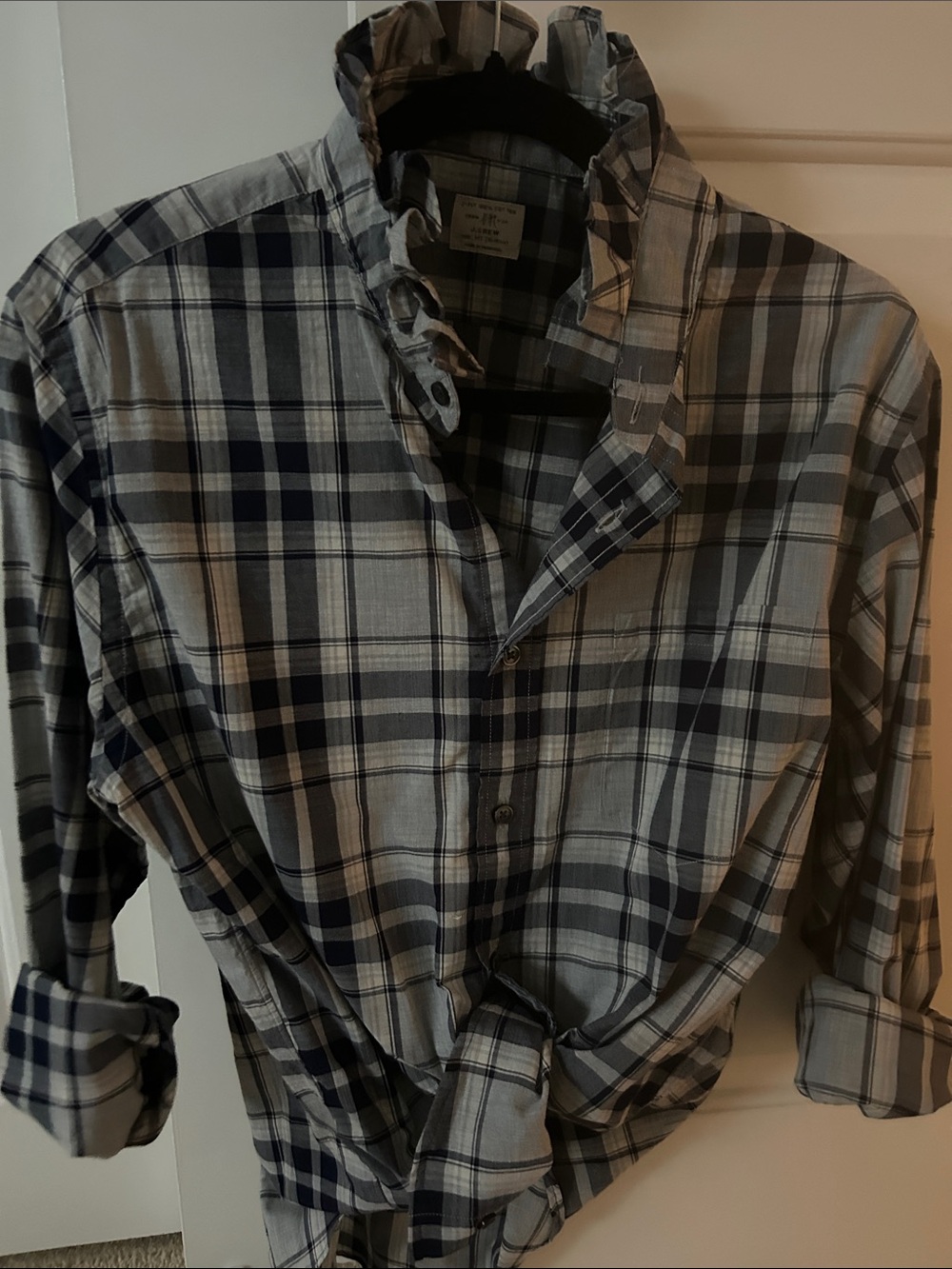 J. Crew Plaid Button-Down Shirt in Navy and Gray with ruffled collar